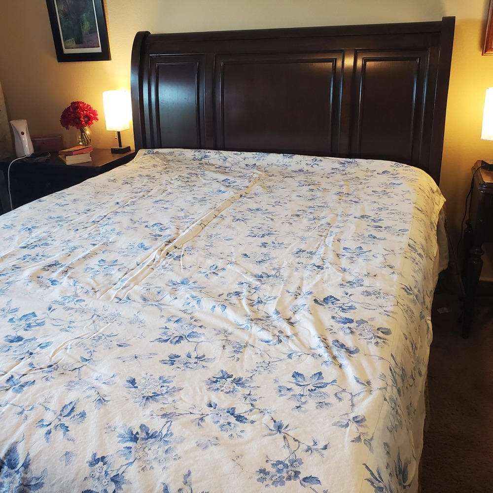 Handmade Blue White Floral Toile Gingham Reversible Linen Cotton Quilt 67x96